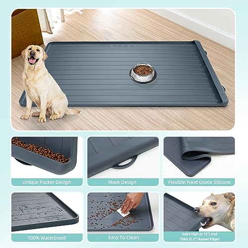 Dog Mat for Food and Water - 39.4" x 27" Large Pet Feeding Mats with Residue Collection Pocket - Waterproof Dog Cat Bowl Mat with High Edges to Prevent Water and Food Spills (Dark Grey) - color: Dark Grey