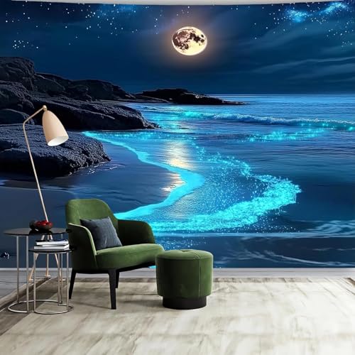 FENDROM 3D Fantasy Nature Sky Tapestry Stunningly Beautiful Moon Over Ocean Wall Hanging Landscape Wall Art Blanket for Bedroom Living Room - color: Blue, size: 59"L x 51"W