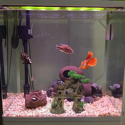 Aquarium Decorations Fish Tank Ornaments House on Terrace with Tree Root Resin Handicrafts for Betta Fish