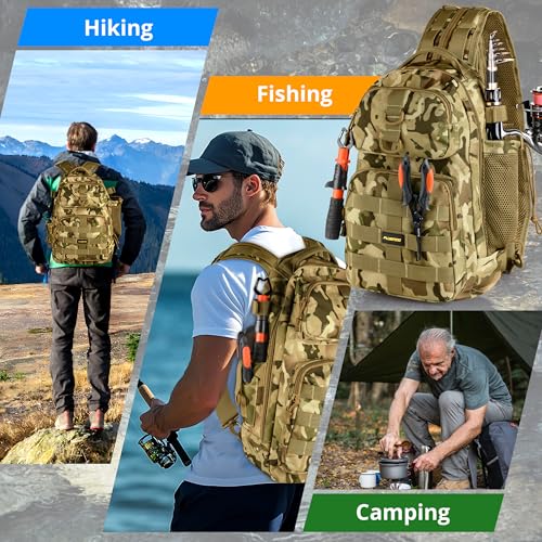 PLUSINNO Fishing Backpack with Floating Fishing Net, Tackle Boxes, Waterproof Sling Tackle Bag For Fish Gear With Rod Holder, Gifts for Men - color: Fishing Backpack With Fishing Net (Orange)