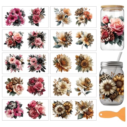 arricraft 10 Sheets Leopard Print Flowers UV DTF Cup Wrap for 16OZ Glass, Rose Sunflower Rub on Decals PVC Transfer Stickers for DIY Cups Wood Funiture 24x11cm/9.4x4.3inch - style: Leopard Print Flowers Theme