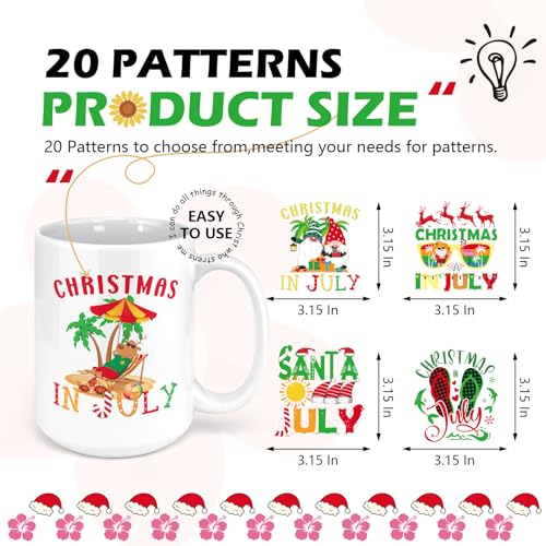 Christmas in July UV DTF Stickers - 20 Sheets Hello Summer Beach Surfing UV DTF Cup Wraps for 16 20 oz Glass Water Bottle, Elk Gnome Transfer Stickers DIY Coffee Mug Craft Decals Decor Gift for Women - style: Christmas