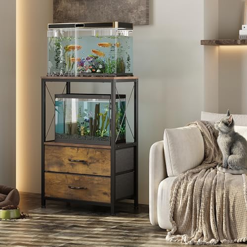 10 Gallon Aquarium Stand with 2-Tier Shelf Fish Tanks Stand with 2 Drawers Metal Frame Heavy Duty Reptile TurtleTank Stand with Storage for Home Offic Fish Tank Accessories Storage, Brown - color: Brown