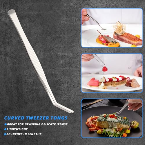 3-Pack Stainless Steel Tweezers - 6.3‘’ Curved Serrated Tip Precision Tongs for Gardening, Kitchen, Food Design, Decorating & Crafts - Multi-Purpose Tool for Bar, Lab, DIY & Professional Use