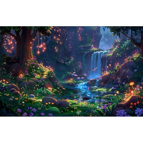 Waterfall Jungle Aquarium Background Fantasy Magic Forest Landscape Rainforest Style Fish Tank Background Tropical Flowers Mushrooms Stream Cascading Falls Reptile Tank Enclosure Backgrounds 24x12in - color: Purple_Blue, size: 24(W)x12(H)inches/ 60(W)*30c
