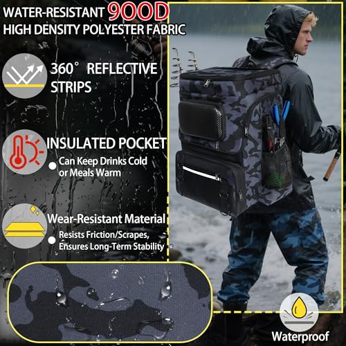 Fishing Backpack with Rod Holder, Large 50L Tackle Bag Water Resistant Tackle Backpack Heavy Duty Fishing Bag Gift for Men Woman - color: Camo Black with 4 Tackle Boxes