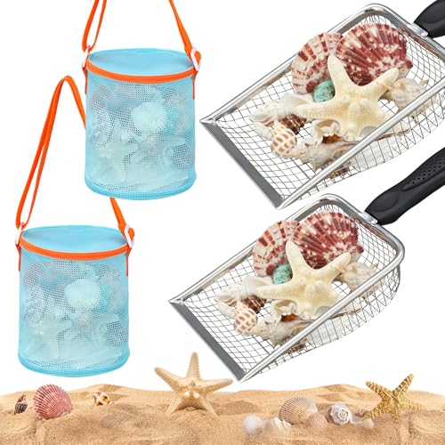 2PCS Beach Mesh Shovel with 2PCS Mesh Beach Bag for Sand Filter and Collect Shells Sand Sifter Scooper and Shell Collecting Bags Sands Sifter Shell Collecting Tools for Boys Girls Kids Beaches Toys