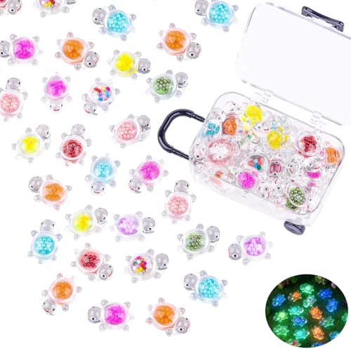 Anboor 30PCS Small Resin Turtle with 1 Pc Suitcase Boxes, Luminous Mini Resin Animals to Hide Sea Turtles Glow in The Dark Figurines for Fairy Garden Dollhouse Aquarium Decor (Beads) - style: 30 Pcs Beads