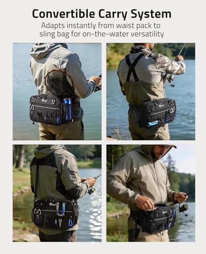 CVLIFE Fishing Tackle Bag Waist Pack with Rod Holder, Water Resistant Fanny Pack Includes 3600 Tackle Box, Waterproof Pouch & Carabiners, Convertible Sling Bag with Net Holster for Gear - color: Black