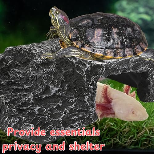 Axolotl Hide with Fish Feeding Dish Set, Axolotl Hideout for Aquariums, Bowl and Aquarium Hides for Axolotls Reptile Tortoise Fish, Hides for Tank, Turtle Tanks Decorations (Rock, M) - color: Rock
