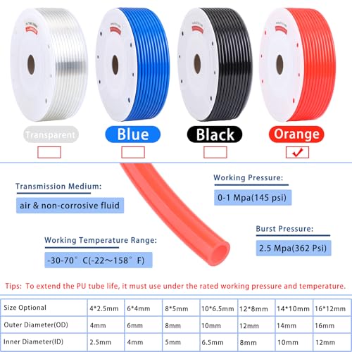 VerRich Pneumatic Tubing Pipe Pu Hose,Orange 6mm OD x 4mm ID 160 Meters 525 FT PU Air Hose Line Tube for Air Compressor Transfer - color: Orange, size: OD6mm*ID4mm 525 FT(160 Meters)