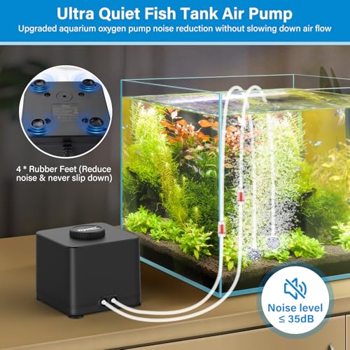 hygger Aquarium Air Pump, Quiet Adjustable Fish Tank Air Pump, 4W/7W/11W Powerful Oxygen Aerator Dual Stainless Steel Outlets with Air Stone Bubbler for Small Medium Large Fish Tank, Hydroponic - size: 7W(Tank Up to 300 Gallon)