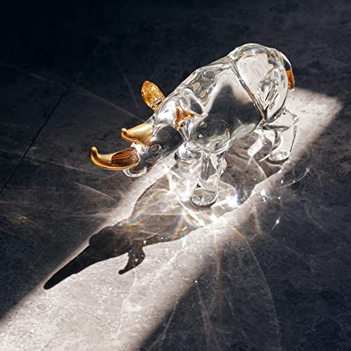 YU FENG 6'' Blown Glass Rhinoceros Animal Figurines Collectibles Crystal Art Rhino Wildlife Paperweight (Clear and Golden) - style: Rhino