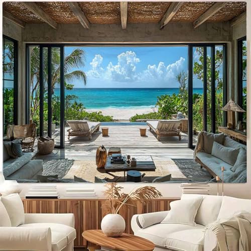 FENDROM Beach Decor Tapestry Ocean Sea Tropical Island Palm Tree Scenic View From Window Blue Sky,White Clouds Summer Tropical Scenery Wall Hanging Nature Tapestries For Bedroom Living Room Dorm - color: Beach, size: 59"L x 39"W