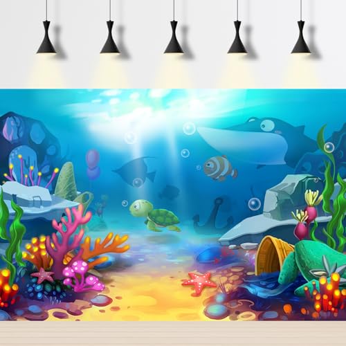 Undersea Aquarium Background Cartoon Underwater Tropical Fish Coral Reef Terrarium Backgrounds Under The Sea World Theme Fish Tank Background Turtle Shark Blue Sea with Sunbeams Tank Decors 24x12in - color: Cartoon Blue, size: 24(W)x12(H)inches/ 60(W)*30c