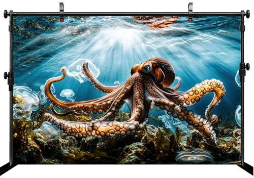 20x10ft Nautical Octopus Backdrop Underwater Jellyfish Sunlight Ocean Reef Background Marine Themed Party Birthday Aquarium Event Halloween Decor Photo Studio Booth Props Banner Wallpapers - size: 20x10FT