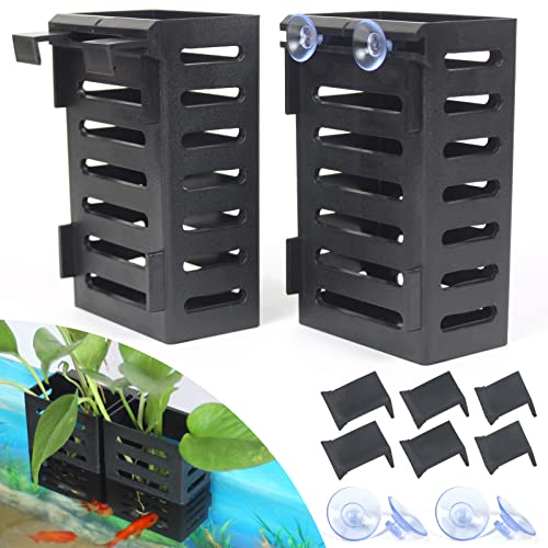 2 Pcs Aquarium Plant Holder, Fish Tank Plant Holder with Hooks and Suction Cups, Aquarium Planter Cups for Emersed Plants, Suitable for Aquatic Plant Cultivation and Water Feature Decoration. - color: Black_Hook+Suction cup