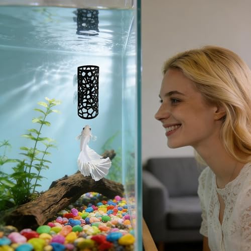 Black Metal Betta Fish Hammock Hideout Cave Aquarium Tunnel with Hollow Pattern, Floating Betta Log Resting Spot, Shrimp Cave Habitat, Betta Fish Tank Accessories, Small Fish Enrichment Toy - color: Fish Hammock - B