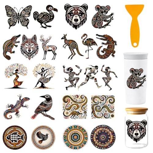 23 Pcs Vintage UV DTF Cup Wraps for 16OZ Glass, 4.3 x 9.4 Inch Butterfly Koala UV DTF Transfer Stickers Indigenous Art Rub on Transfer Decals for Glass Bottle Vase Furniture Crafts - style: Indigenous Art