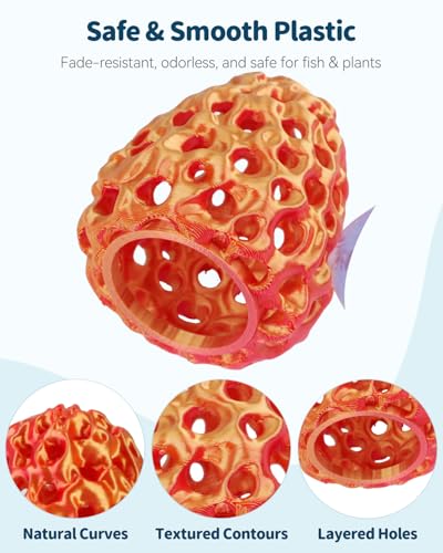 Uniclife Shrimp Cave, Shrimp Hides for Aquarium, Realistic Plastic Aquarium Coral Rock Decorations with Suction Cup, Betta Hideout Tank Accessories for Fish Tank Decor, Red-to-Yellow Gradient - color: Red-to-yellow Gradient