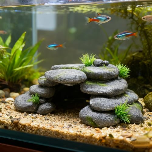 Aquarium Rock Cave House, Natural Looking Rocks | Built with durable materials, these reptile cave shelters work great as aquarium decor. - color: Green-Medium