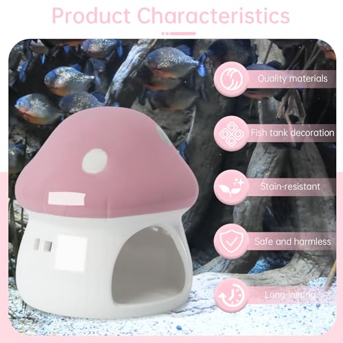 AnRui Ceramic Mushroom Aquarium Decor Cute Mini House Betta Fish Tank Accessories Decoration Hideaway Hideout Cave Ornament for Small Fish, Shrimp, Goldfish and Reptiles (Pink, Large) - color: Pink, size: Large