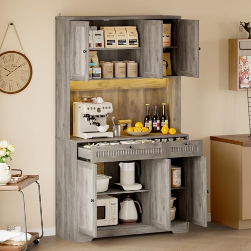BORNOON Pantry Cabinet with Charging Station and Light, Tall Kitchen Pantry Storage Cabinet with Microwave Stand, Wide Fluted Kitchen Hutch with Storage Drawers and Adjustable Shelves for Dining Room - color: Wood, size: 6-Door