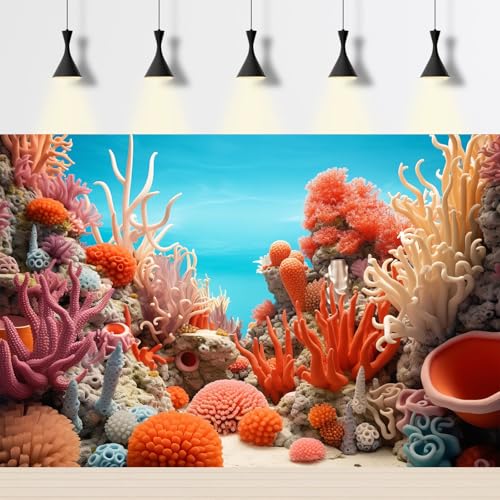 Under The Sea Aquarium Background Vibrant Splendor Coral Colony Terrarium Background Various Coral Underwater Blue Ocean Backdrops Deep Sea Aquatic Theme Fish Tank Background Poster Vinyl 24x12in - color: Red, size: 24(W)x12(H)in