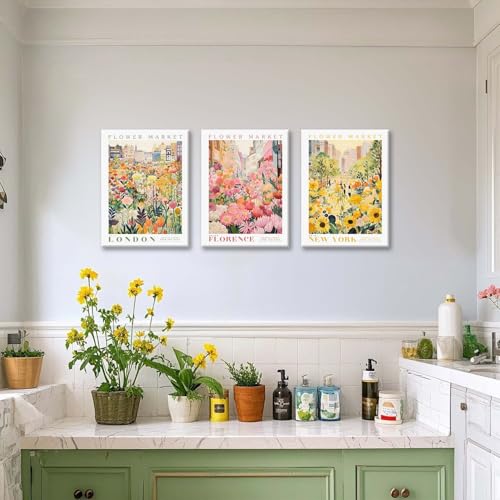 XLARTMY Flower Market Wall Art Print Canvas Framed Yellow Pink Floral Paintings Colorful Botanical Sunflower Artwork Travel Poster for Decor Picture 3 pieces for Living Room Bedroom Bathroom 12x16in - color: Flower Market-2, size: 12x16in Canvas