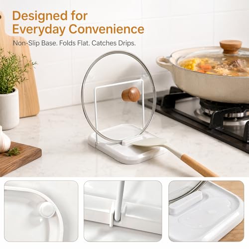 Pot Lid Holder with Spoon Rest for Stove Top, Foldable Kitchen Pot Lid Organizer for Countertop, Lid Holder While Cooking with Non-Slip Pads, White
