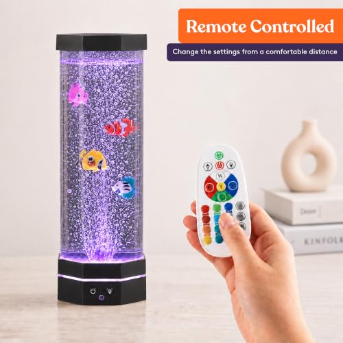 Special Supplies Aquarium Sensory Fish Bubble Light Tube with 16 LED Color Changing Nightlight Effect, Remote Control, and 5 Fish, Colorful Desk Standing Lamp