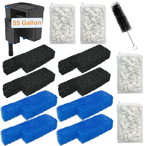17 Set Aquarium Filter Media Replacement Kit Compatible with Seachem Tidal 55 Gallon (200 Liters) Large Aquarium Fish Tank Filter, Includes Brush, Carbon Sponge, Ceramic Rings, Blue Foam Filters - size: Seachem Tidal 55 Series