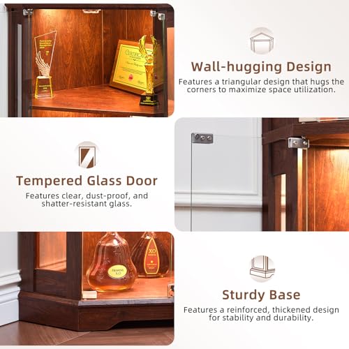 LELELINKY Farmhouse Glass Display Cabinet Set of 2 with Doors, Corner Curio Cabinet for Collectibles, Wooden Display Cabinets for Home, Office, Living Room, Corner, Walnut - color: Walnut, size: Set B
