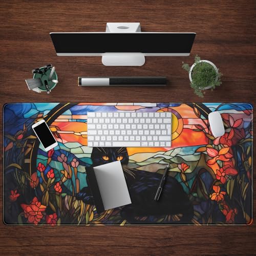Mechanical Cattle Black Cat Desk Mat Vintage Sunset XXL Large Mouse Pad Laptop Desk Mousepad with Stitched Edges, Keyboard Pad Mouse Mat for Work Game Office Desk Accessories 31.5x15.7 in - color: Aesthetic Black Cat