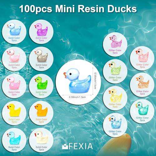 FEXIA 100pcs Mini Ducks Glitter Resin Tiny Ducks Animals Figures to Hide Glow in the Dark Duck Figures for Dollhouse Aquarium Fairy Garden Decor - color: Ducks-100pcs