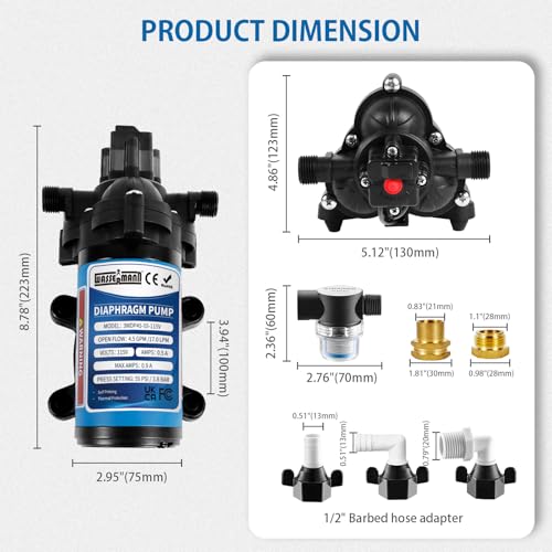 WASSERMANN 115V AC Water Diaphragm Pump,4.5GPM 55PSI 1/2" NPSM,Self-Priming Fresh Water Pressure Booster Pump,Pressure Switch, for Garden Kitchen Bathroom RV Marine Camper - color: Blue1