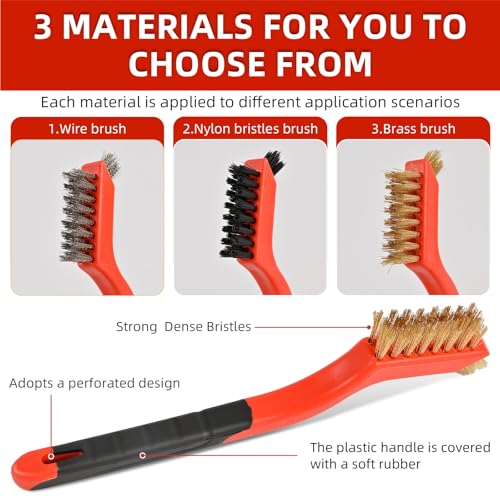 6pcs Wire Brushes for Cleaning Rust, Upgrade Wire Brush Set - Brass/Stainless Steel/Nylon Bristles, Small Metal Wire Brush with Curved Handle Grip, Wire Brushes for Paint and Stain, 7 Inches - style: 6pcs