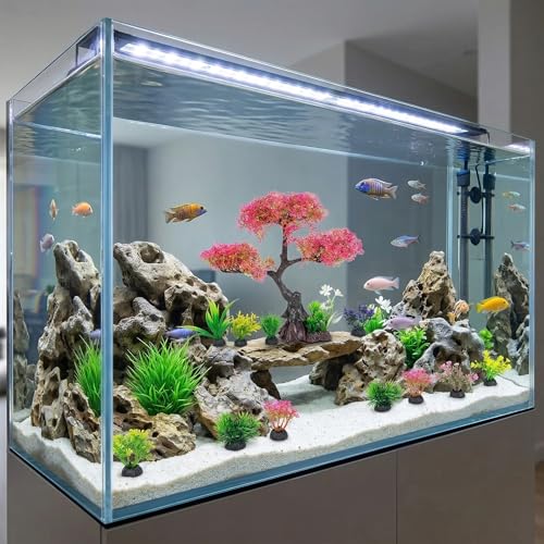 Pink-Cherry-Blossom-Tree-Aquarium-Decor: 10Pcs Artificial Plastic Plants Fish Tank Decorations Grass Set for Betta Goldfish Hides Accessories Gallon Fish Bowl Ornaments