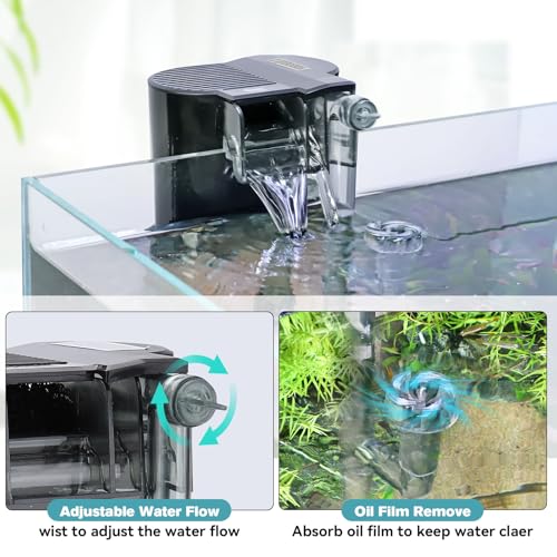 hygger Hang On Back Aquarium Filter, Small Fish Tank Filter Waterfall Filtration System, Adjustable Water Flow with Surface Skimmer, Replaceable Sponge Quiet Hanging Filter for Tank Up to 5 Gal - size: S