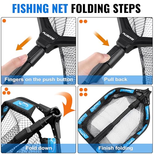 PLUSINNO Floating Fishing Net for Steelhead, Salmon, Fly, Kayak, Catfish, Bass, Trout Fishing, Rubber Coated Foldable Landing Net with Fixed or Telescoping Pole Handle, Fishing Gear and Gifts for Men - color: 11.8"/30cm Hoop Size 1.0M Blue (Telescopic Pol