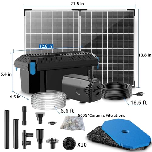 40W Solar Pond Pump with Filter Kit, Foldable Solar Panel & 3-Stage Filtration System, 4 Nozzles Pond Filter for Outdoor Ponds, Garden Waterfalls, Koi Ponds & DIY Water Features - style: 40W-Solar Powered