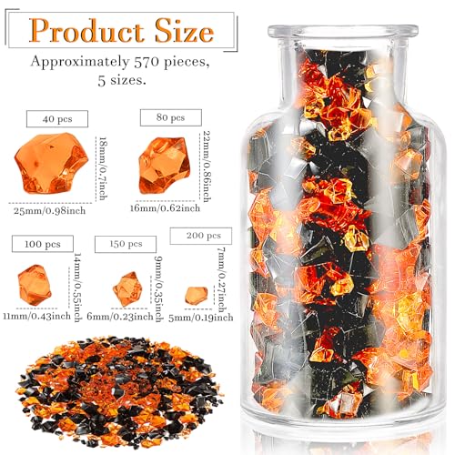 Syhood 570 Pcs 5 Sizes Orange and Black Fake Crushed Ice Rocks Acrylic Crystal Gems Plastic Diamonds Marble for Vase Fillers Decoration Wedding Table Scattering Room Halloween Decor - color: Orange and Black