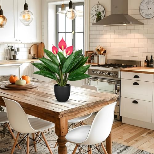GnFlus 20'' Realistic Pink Anthurium Artificial Plant, Fake Potted Plants for Home Office Farmhouse Kitchen Bathroom Table Shelf Decor
