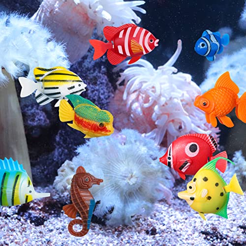 Aoriher 10 Pcs Artificial Fishes Floating Decorations for Aquarium Tank Colourful Plastic Tropical Fish Seahorse for Bubble Lamp Aquarium