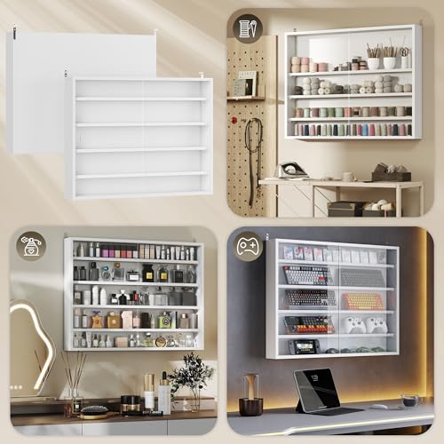 HOMCOM 5-Tier Display Cabinet, Glass Door Cabinet with Adjustable Shelves, Wall-Mounted Display Case for Playroom, Bedroom, White - color: White