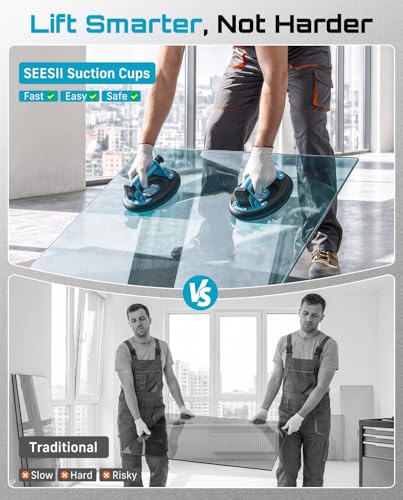 SEESII Suction Cups for Glass Lifting: 8" Tile Suction Cup Lifter with Handle and Pump, 200KG Load Capacity Heavy Duty Vacuum Lifter for Lifting Large Tile, Granite, Metal, Windows (2-Pack) - color: Blue
