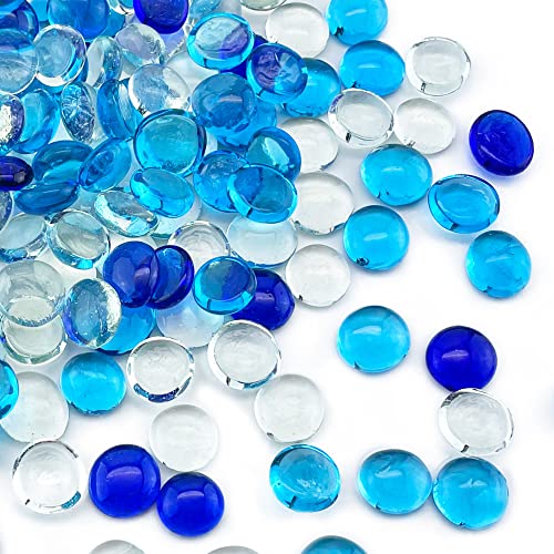 CYS EXCEL Blue Mix Glass Gemstone Beads Vase Fillers (2 LBS) Flat Marble Beads Multiple Color Choices Aquarium Decor Rocks Floral Stones Decorative Mosaic Gem Pebbles - color: Clear&blue Mix, size: 2 lb