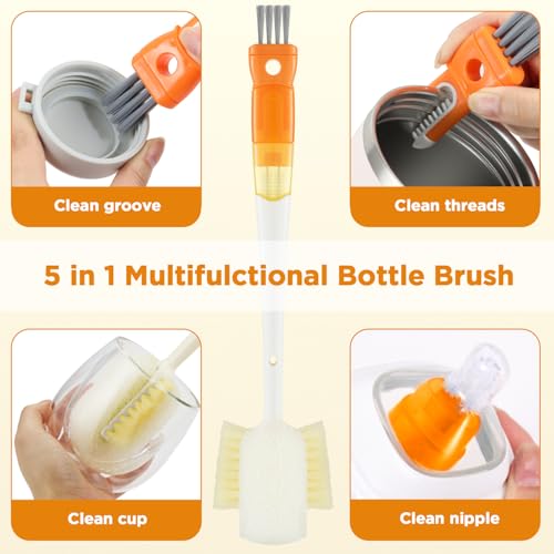 OUTXE 6 Pack Bottle Brush Set, 5-in-1 Water Bottle Cleaner Brush, 14" Long Handle Bottle Cleaning Brush, 3 Straw Brush, Removable Nipple Detail Brush for Cup Lid Gap, with Replecement Sponge - color: Orange, size: 6 Pack