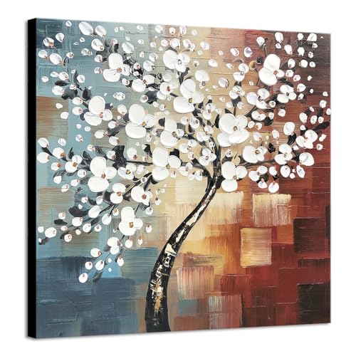 Wieco Art Large Modern Abstract White Flowers Oil Paintings on Canvas Wall Art Morning Glory 100% Hand Painted Floral Gallery Wrapped Artwork for Living Room Bedroom Home Office Decor - size: 32"L x 32"W
