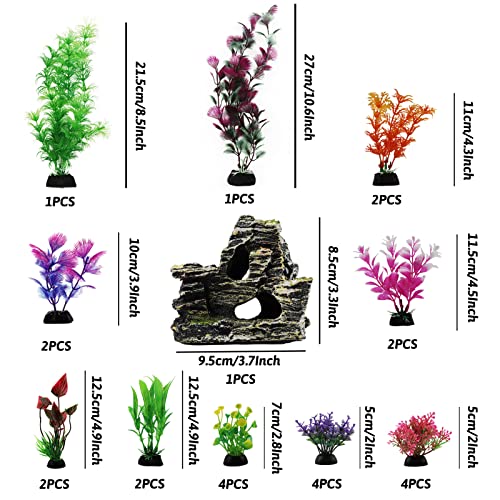 Aquarium Decorations Plants with Rockery View, 25pcs Aquarium Decor Plants and Rock Cave Hideout Ornaments, Fish Tank Accessories, Fish Tank Plants Plastic Decoration for Aquariums